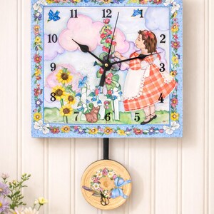 Nursery rhyme kids and baby's room clock with  blue birds and  Garden Hat pendulum