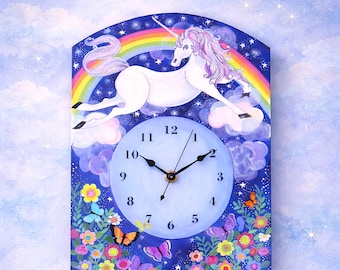 Unicorn Pendulum Clock: Celestial Rainbow Moon, Stars & Flowers