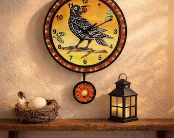 Black Crow Raven clock original folk art with pendulum -fall wall decor -autumn colors-halloween-avian-bird