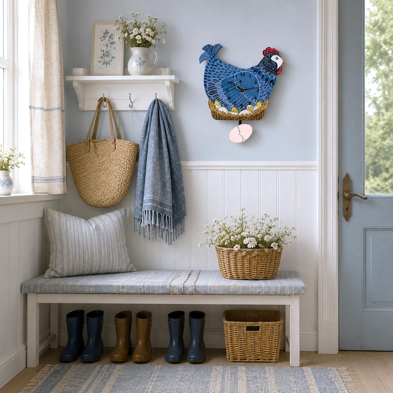 May include: A farmhouse-style entryway with a blue and white color scheme. A blue chicken clock hangs above a bench with a striped cushion. A woven tote bag and a blue towel hang on hooks. A basket of flowers and a woven basket are on the bench.