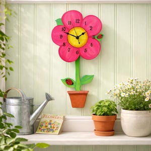 Whimsical Hot Pink Swinging Flower pot  Pendulum Clock handmade
