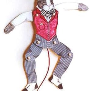 Grey & White Dutch Rabbit jumping Jack -pull toy in Victorian style  vest and bow tie