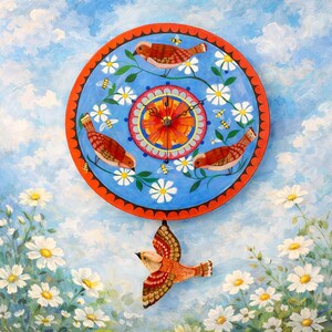 May include: A round, hand-painted wall clock with a blue face, featuring brown birds, white daisies, and yellow bees. The clock has a red border and a decorative pendulum in the shape of a bird. The background is a sky blue with white clouds.