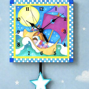 Wynken,Blynken & Nod Nursery Rhyme Pendulum wall clock, storybook art
