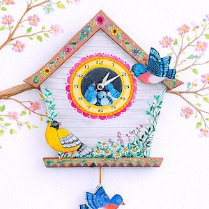 Rustic Bird House Pendulum Clock: Nursery Decor, Hand-Painted Details