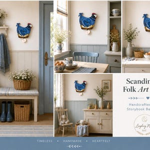 May include: A blue and white chicken-shaped wall hanging with a heart-shaped pendulum. The image is of a cozy interior with a bench, basket, and boots. The text reads "Scandinavian Folk Art Charm."