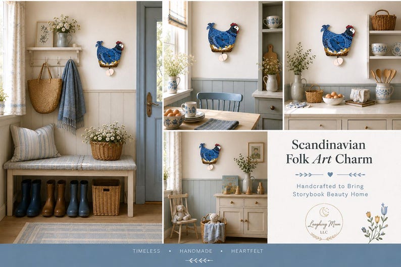 May include: A blue and white chicken-shaped wall hanging with a heart-shaped pendulum. The image is of a cozy interior with a bench, basket, and boots. The text reads "Scandinavian Folk Art Charm."
