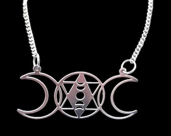 Stainless Steel Triple Moon Goddess Necklace: Wiccan Witch Jewelry
