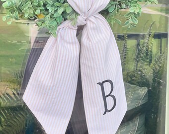 Monogrammed Tan Ticking Stripe Wreath Sash |  Neutral Door Decor | All Season Door Decor | Hostess Gift | Wedding Gift | Housewarming Gift