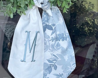 Blue Floral Wreath Sash | Custom Monogrammed Door Decor | Spring Decor | Grandmillennial | Blue and White Door Decor | Mother's Day