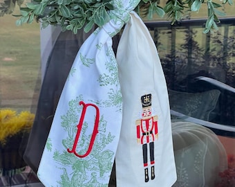 Nutcracker Christmas Wreath Sash| Green Toile Door Decor | Grandmillennial Christmas Decor | Front Door Wreath | Holiday Door Decor