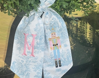 Grandmillennial Nutcracker Wreath Sash | Light Blue Toile Wreath Sash | Christmas Wreath Sash | Front Door Wreath | Holiday Door Decor