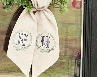 Laurel Monogram Wreath Sash | Mother's Day Gift | Housewarming Gift | Hostess Gift | Wedding Gift | All Season Wreath Sash | Neutral Decor