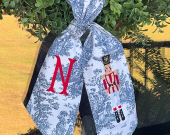 Grandmillennial Nutcracker Wreath Sash | Navy Toile Wreath Sash | Christmas Wreath Sash | Front Door Wreath | Holiday Door Decor