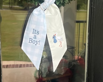 It’s a Boy Wreath Sash | Stork Wreath Sash | Buffalo Check Wreath Sash | Baby Shower Door Decor | Blue and White Wreath Sash