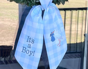 It’s a Boy Wreath Sash | Stork Wreath Sash | Buffalo Check Wreath Sash | Baby Shower Door Decor | Blue and White Wreath Sash