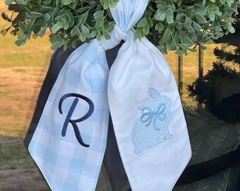 Easter Wreath Sash | Blue Buffalo Check Door Decor | Grandmillennial Easter Decor | Bunny Wreath Sash | Monogrammed Wreath Sash