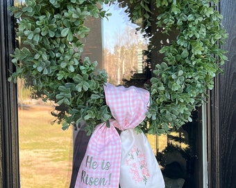 Pink and White Easter Wreath Sash| 'He is Risen' Spring Decor| Spring Wreath Sash | Custom Wreath Sash | Hostess Gift | Grandmillennial