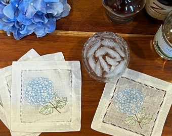 Hydrangea Cocktail Napkins (set of 4 ) | Embroidered Cocktail Napkins | Wedding Gift | Hostess Gift | Housewarming Gift |