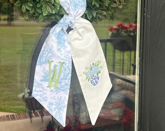 Grandmillennial Chinoiserie Wreath Sash | Light Blue Toile Wreath Sash | Spring Wreath Sash | Front Door Wreath | Hydrangea Door Decor