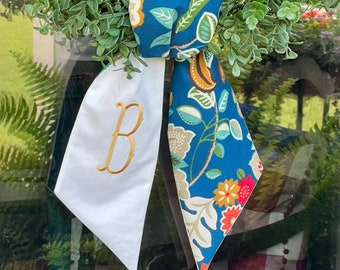Floral Wreath Sash | Vibrant Monogrammed Door Decor | Hostess Gift | Mother's Day | Housewarming Gift | Wedding Gift