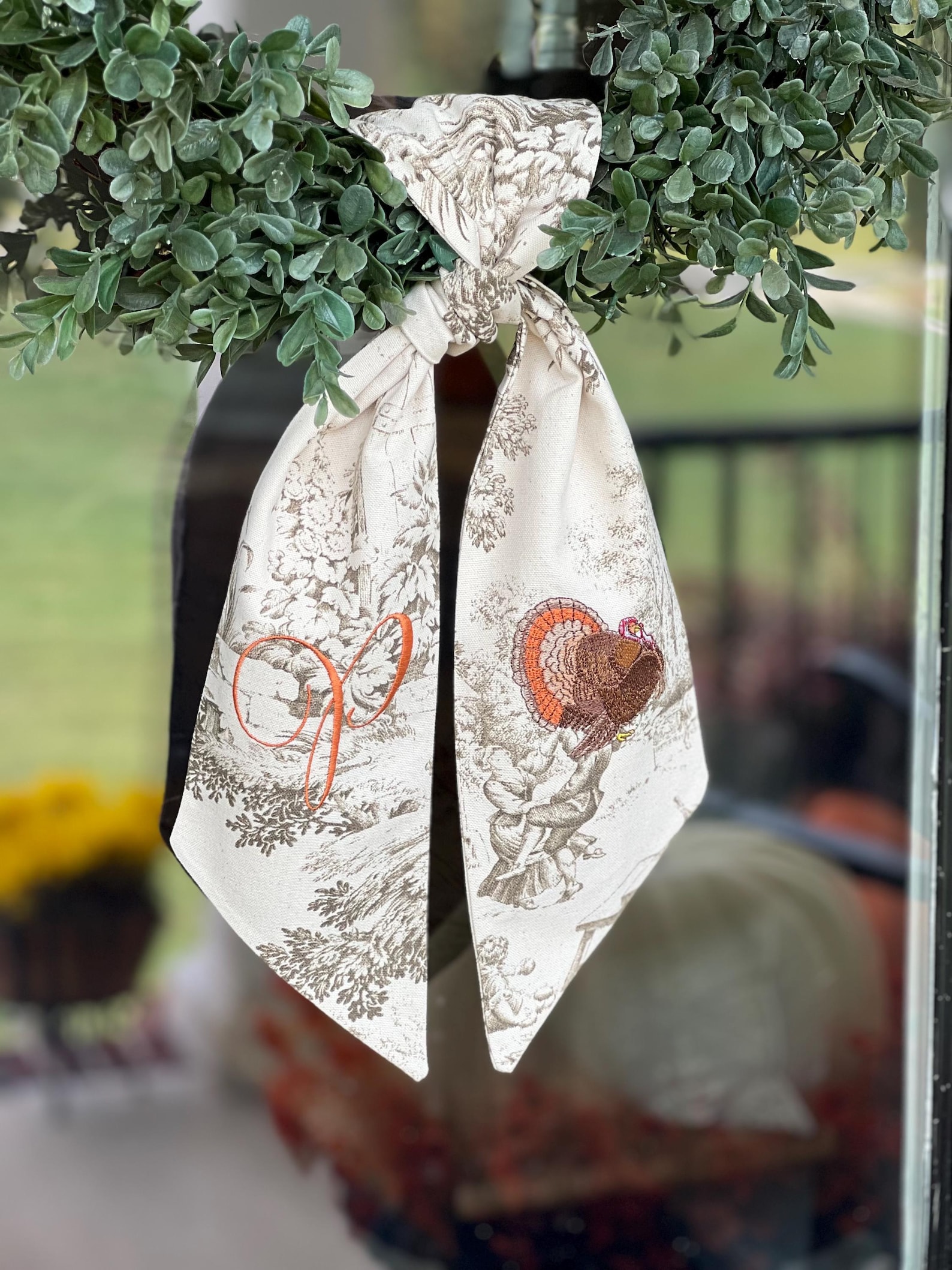 Thanksgiving Toile Wreath Sash| Turkey Wreath Sash | Autumn Door Decor | Grandmillennial Thanksgiving Decor