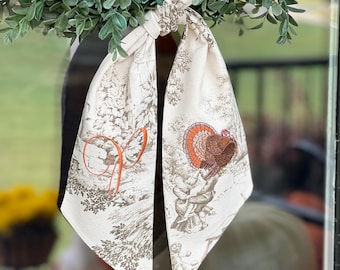 Thanksgiving Toile Wreath Sash| Turkey Wreath Sash | Autumn Door Decor | Grandmillennial Thanksgiving Decor