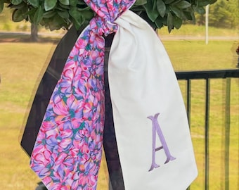 Floral Wreath Sash | Vibrant Monogrammed Door Decor | Hostess Gift | Mother's Day | Housewarming Gift | Wedding Gift