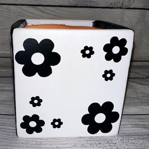 Decorated Black and White with Flowers Square Terracotta Indoor Pot