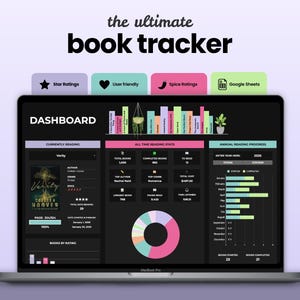 May include: A digital book tracker dashboard displayed on a laptop screen. The interface features sections for currently reading, all-time reading stats, and annual reading progress, including a pie chart, bar graphs, and book cover art.
