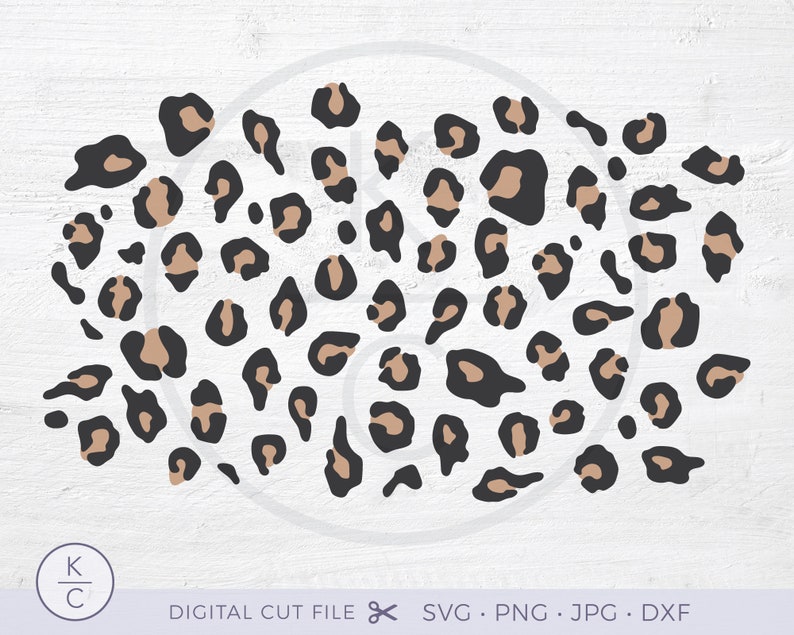 May include: Black and brown leopard print pattern with a white background. This digital cut file is available in SVG, PNG, JPG, and DXF formats.