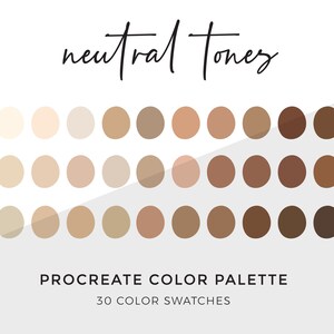 Puede incluir: Una paleta de colores Procreate con 30 muestras de color neutras en tonos beige, marrón y marrón claro. La paleta se titula "Tonos neutros".