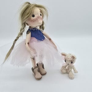 Handmade Ballerina Rag Doll with Teddy Bear: Pink Tulle Dress