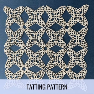 May include: A white crocheted doily with a square shape and a repeating pattern of small circles and loops. The doily is on a dark blue background. "TATTING PATTERN" is written in white text at the bottom of the image.