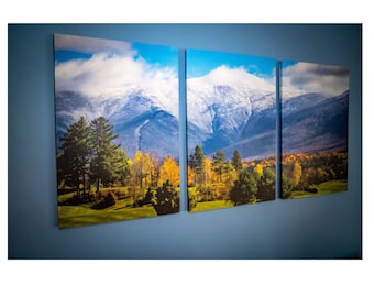 May include: A three-panel canvas print featuring a scenic landscape with snow-capped mountains, a valley with trees in autumn colors, and a green grassy field in the foreground.