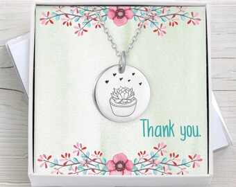 Succulent, Thank You Necklace, includes greeting card. Thank You Gift