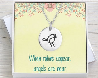 Robin Necklace and Greeting Card Gift, When Robins Appear, Angels are Near, Memorial Gift.