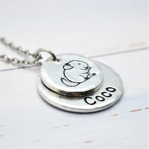 May include: Silver necklace with two round pendants. The top pendant features a small, hand-drawn image of a chinchilla. The bottom pendant is engraved with the name "Coco".