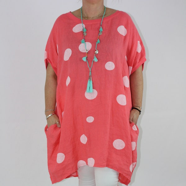 Italian Lagenlook Top Pockets 100% Linen Polka Dot SIZE 16 20 22 24 26 In Coral