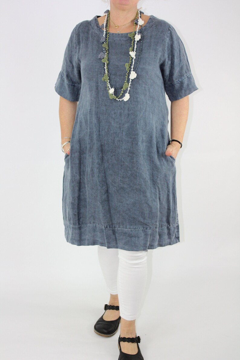 Lagenlook Washed Premium Linen Tunic Dress Pockets OneSize 10 12 14 16 in Blue