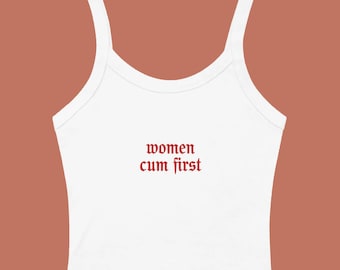 Women Cum First Embroidered Women’s Micro-Rib Tank Top: Lesbian Pride Shirt