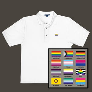 May include: White polo shirt with a small rainbow pride flag embroidered on the left chest. A chart below shows different pride flags with their corresponding names: Six Color, Progress, Philadelphia, Lesbian, Trans, Bisexual, Asexual, Nonbinary, Ally, Intersex, Gay Men's, Pansexual.