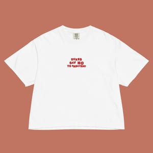 Puede incluir: Camiseta blanca con el texto rojo "DYKES SAY NO TO FASCISM!". La camiseta tiene cuello redondo y mangas cortas. La camiseta se muestra sobre un fondo liso de color óxido.