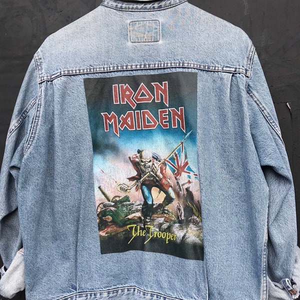 1980’s retro vintage “Iron median-Trooper” print denim jacket.