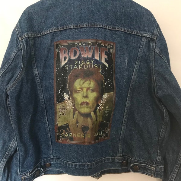 Kurtka jeansowa retro vintage z nadrukiem Davida Bowiego i Ziggy'ego StarDusta z lat 80.