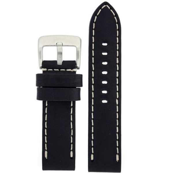 Panerai Style Watch Band Black Leather Thick Strap White Stitching with Heavy Buckle