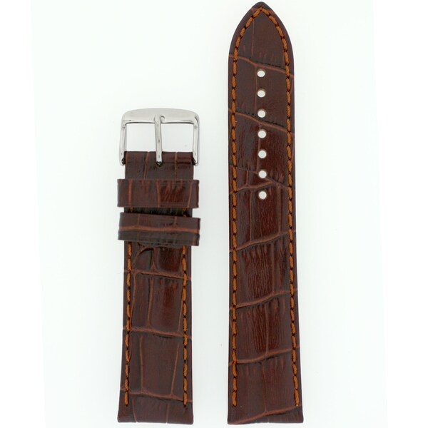 Extra Long Watch Band Brown Strap Leather Crocodile Grain with Matching Stitching 18mm - 22mm