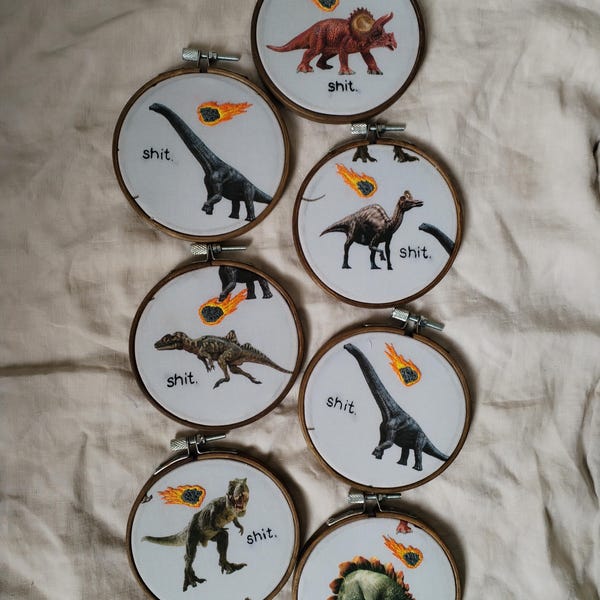 Arte de bastidor de bordado de dinosaurio de mierda bordado a mano