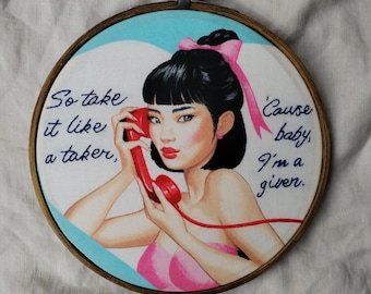 hand-embroidered Chappell Roan lyric art: pin-up girl hoop