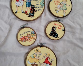 dick and jane hand-embroidery hoop art